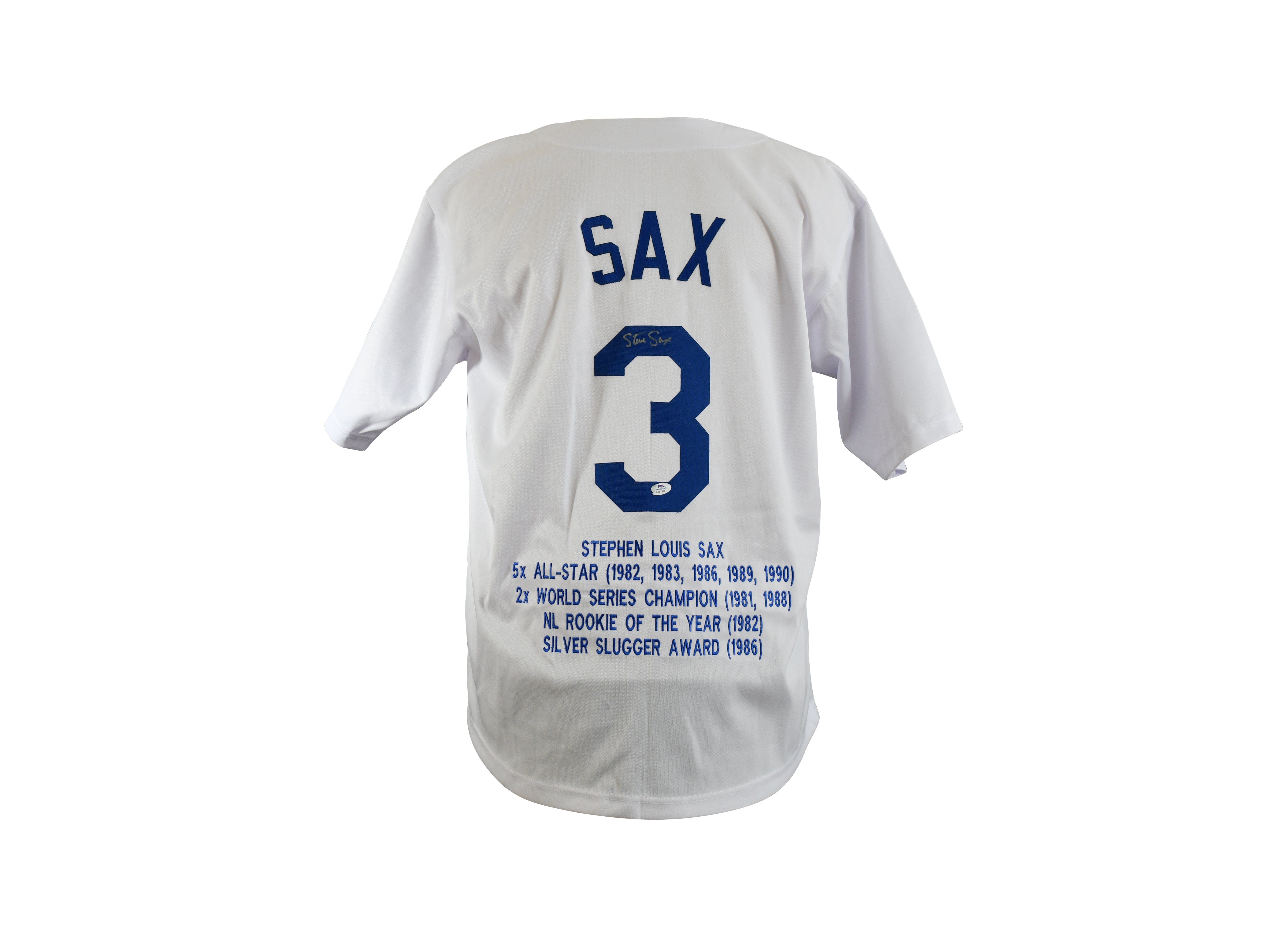 Steve Sax Signed Los Angeles Dodgers Career Highlight Stat Jersey